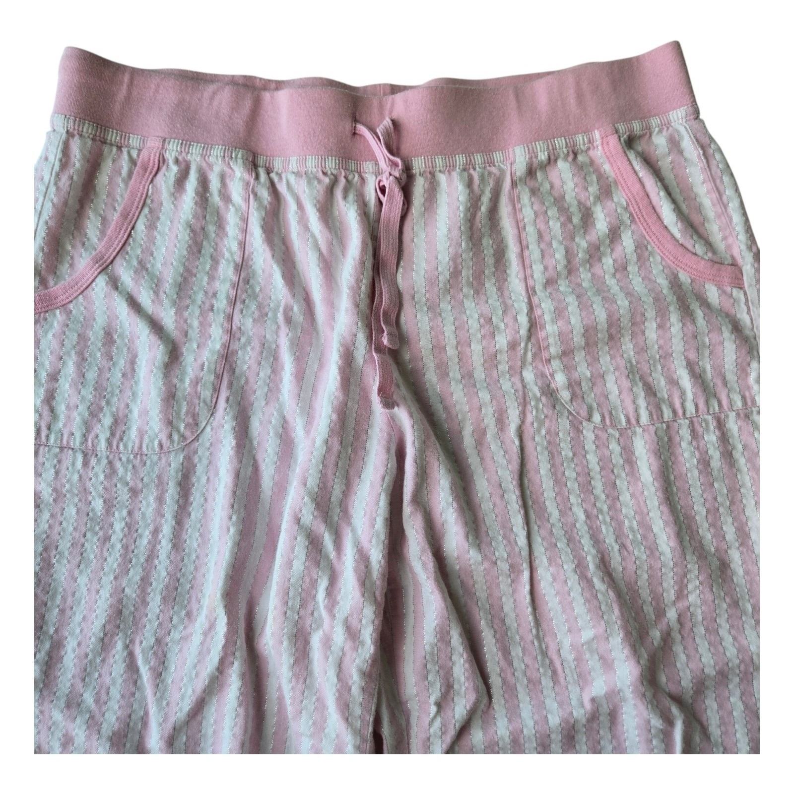 Victorias Secret Pink White Striped Metallic Pajama Lounge Pants Wide Leg L L/G